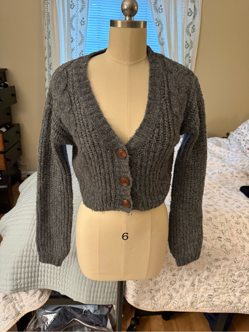 Urban Outfitters Dark Gray Cropped V-Neck Cable Knit Cardigan